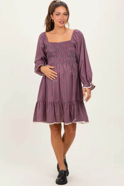 PinkBlush Cranberry Vintage Checked Plaid Square-Neck Maternity Dress