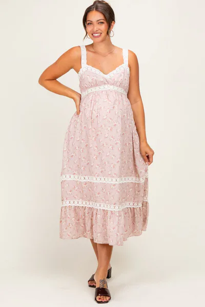 PinkBlush Dusty Pink Lace Floral Tie Back Maternity Midi Dress