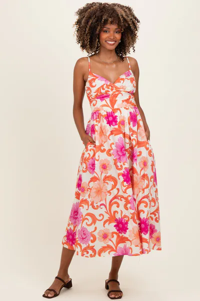 PinkBlush Ivory Pink Floral Wrap Maternity Midi Dress