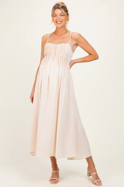 PinkBlush Light Khaki Pintuck Detail Sleeveless Maternity Maxi Dress
