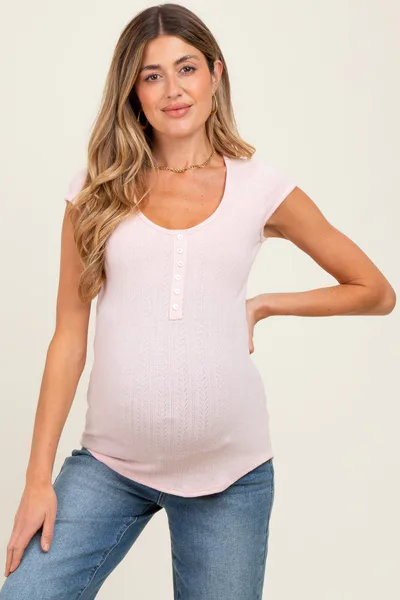 PinkBlush Light Pink Jacquard Button Front Maternity Short Sleeve Top
