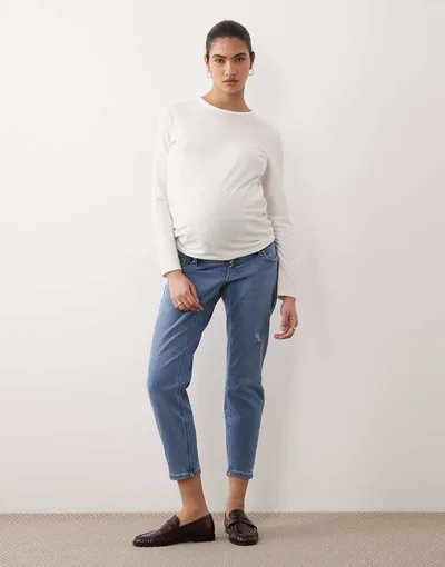 ASOS ONLY Maternity high waist mom jeans in bleached light blue