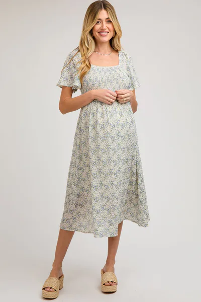 PinkBlush White Floral Square Neck Smocked Maternity Midi Dress