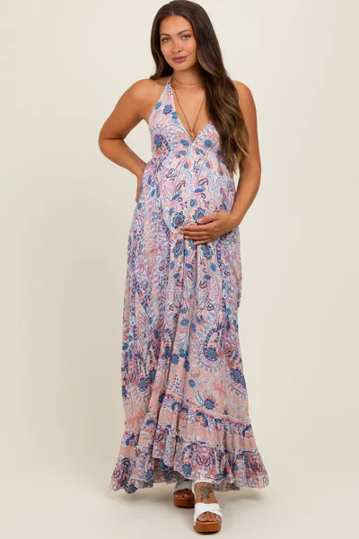 PinkBlush Mauve Paisley Halter V-Neck Cutout Maternity Maxi Dress