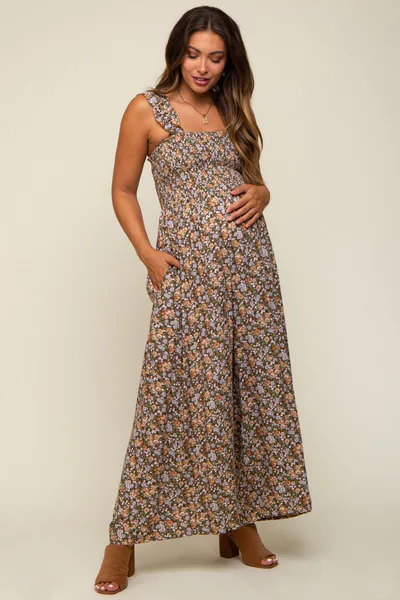 PinkBlush Mocha Sleeveless Floral Smocked Ruffle Maternity Jumpsuit