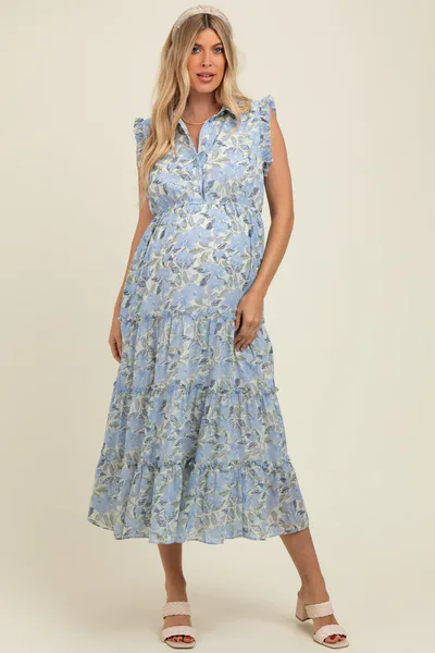 PinkBlush Blue Floral Print Frilled Pocketed Maternity Midi Dress