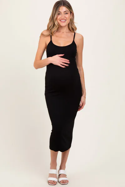 PinkBlush Black Ribbed Bodycon Maternity Midi Dress