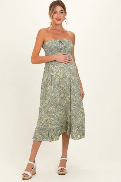 PinkBlush Green Floral Smocked Strapless Maternity Midi Dress