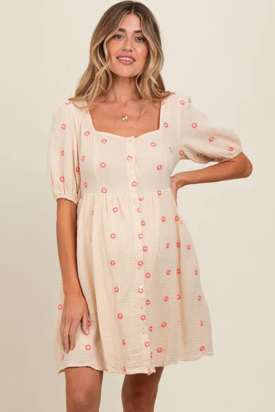 PinkBlush Beige Floral Embroidered Button Front Short Sleeve Maternity Dress