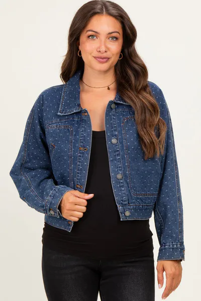 PinkBlush Dark Wash Boho Dotted Denim Maternity Jacket