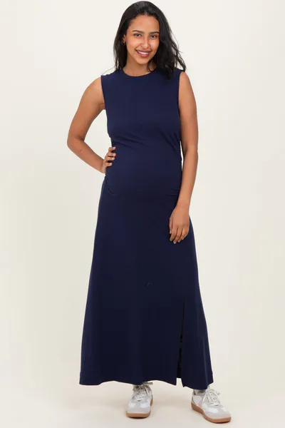PinkBlush Navy Side Slit Ruched Sleeveless Maternity Midi Dress