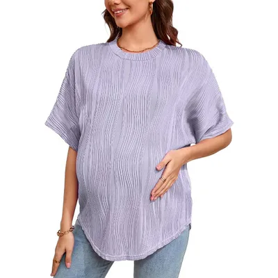 Target Womens Loose Fit Maternity Shirts Casual Lightweight Textured Short Sleeve Crew Neck Spring Summer Pregnancy Tops,Purple,S