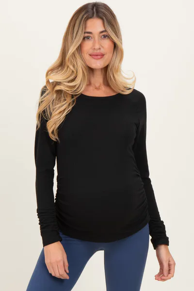 PinkBlush Black Solid Ribbed Ruched Long Sleeve Maternity Top