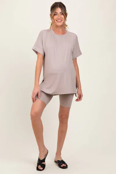 PinkBlush Beige Hi-Low Short Sleeve Tee Biker Short Maternity Set