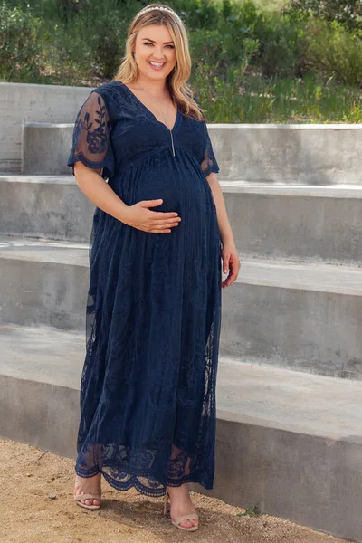 PinkBlush PinkBlush Navy Lace Mesh Overlay Plus Maternity Maxi Dress
