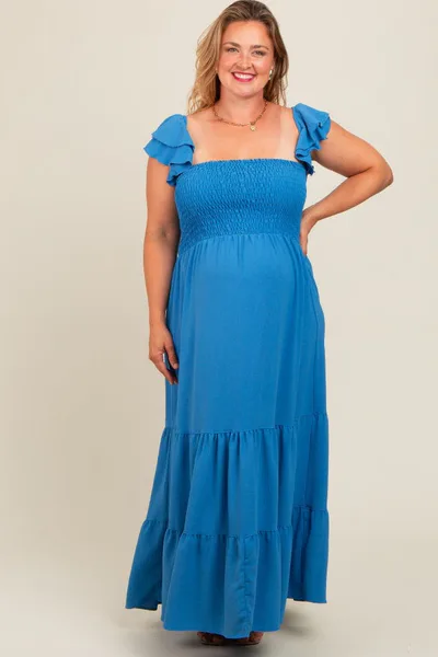 PinkBlush Blue Smocked Ruffle Layered Short Sleeve Tiered Maternity Maxi Dress