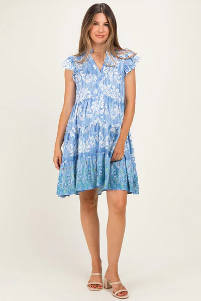 PinkBlush Denim Blue V Neck Flutter Sleeve Border Print Mini Tiered Maternity Dress