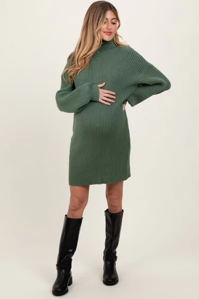PinkBlush Olive Turtleneck Ribbed Maternity Sweater Dress