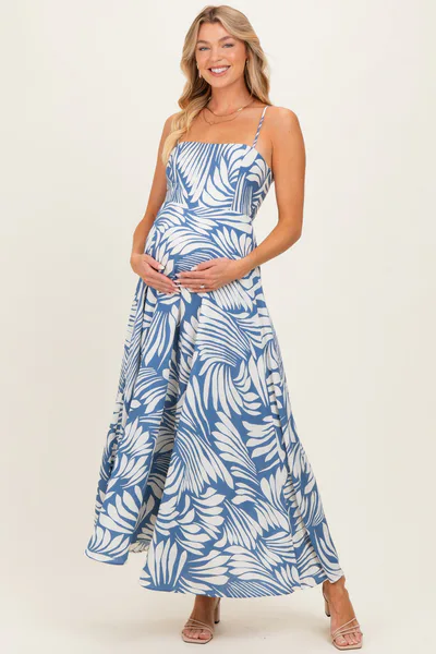 PinkBlush Blue Printed Linen A-Line Maternity Midi Dress