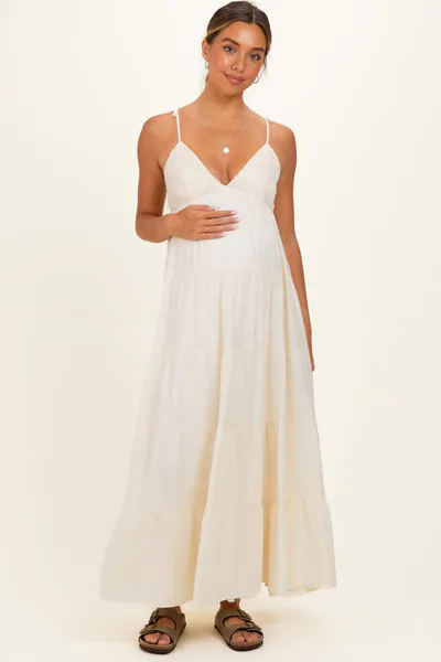 PinkBlush Cream Crochet Detail Tiered Shoulder Tie Maternity Maxi Dress