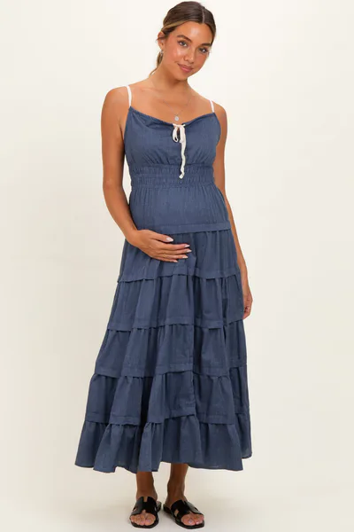 PinkBlush Denim Blue Smocked Waist Tiered Maternity Maxi Dress