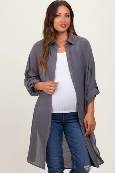 PinkBlush Charcoal Button Front Side Slit Oversized Maternity Blouse
