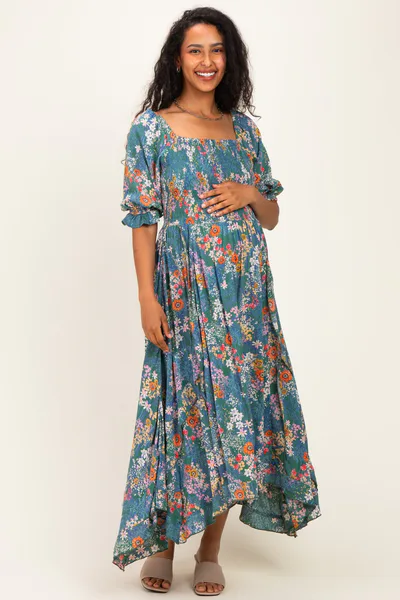 PinkBlush Sage Floral Smocked Handkerchief Hem Maternity Midi Dress