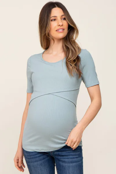 PinkBlush Mint Green Ribbed Wrap Front Maternity/Nursing Top
