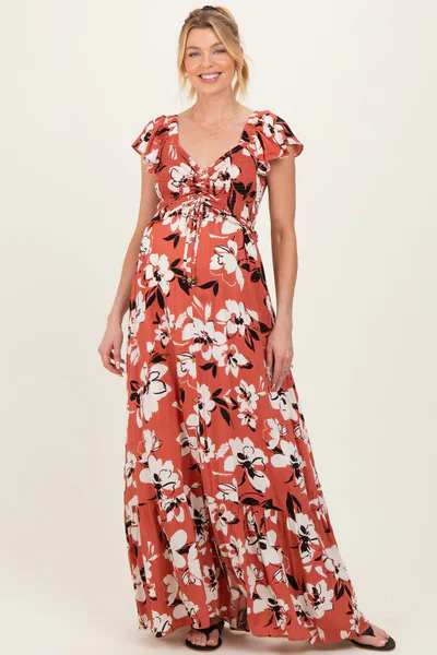 PinkBlush Mauve Floral Cinched Smocked Maternity Maxi Dress