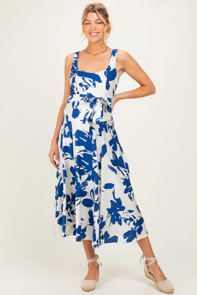 PinkBlush Blue Floral Square Neck Waist Tie Maternity Midi Dress