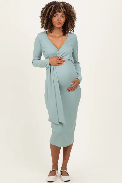 PinkBlush Sage Ribbed Long Sleeve Maternity Wrap Dress