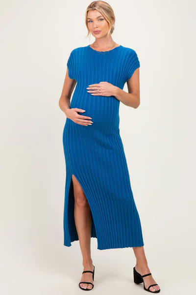 PinkBlush Dark Teal Wide Rib Side Slit Maternity Midi Dress