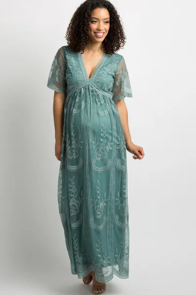 PinkBlush Sage Lace Mesh Overlay Maternity Maxi Dress