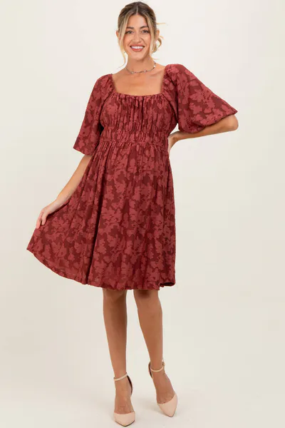 PinkBlush Burgundy Floral Square Neck Maternity Dress