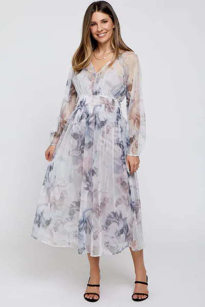 PinkBlush Grey Floral Mesh Smocked Maternity Midi Dress