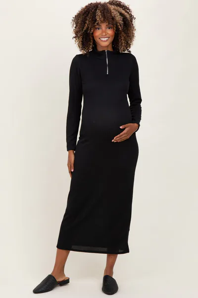 PinkBlush Black Textured Rib Quarter Zip Maternity Maxi Dress