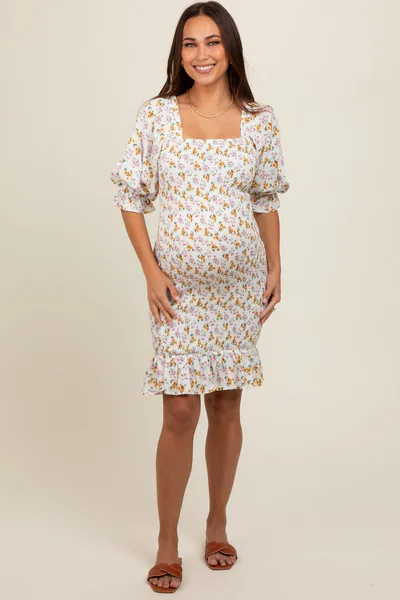 PinkBlush Cream Floral Square Neck Smocked Bodycon Maternity Dress