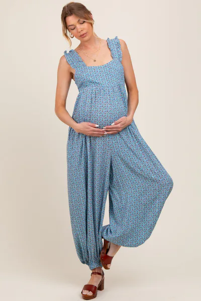 PinkBlush Blue Floral Ruffle Strap Barrel Leg Maternity Jumpsuit