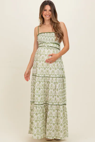 PinkBlush Green Printed Smocked Maternity Maxi Dress