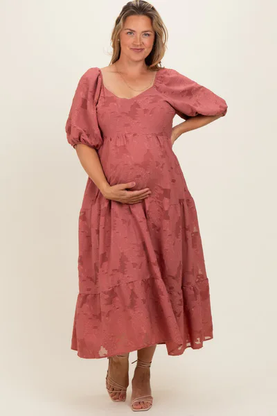 PinkBlush Mauve Floral Textured Tiered Midi Maternity Plus Dress