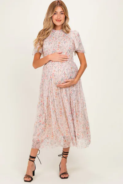 PinkBlush Cream Floral Smocked Maternity Midi Dress