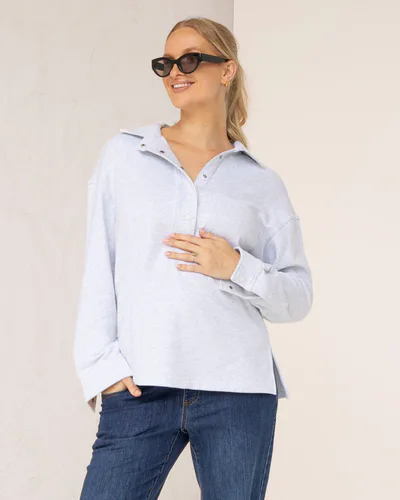 Angel Maternity Daily Snap Button Collar Sweatshirt in Grey Marl