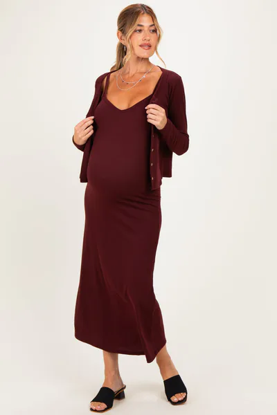 PinkBlush Burgundy Knit Dress Maternity Cardigan Set