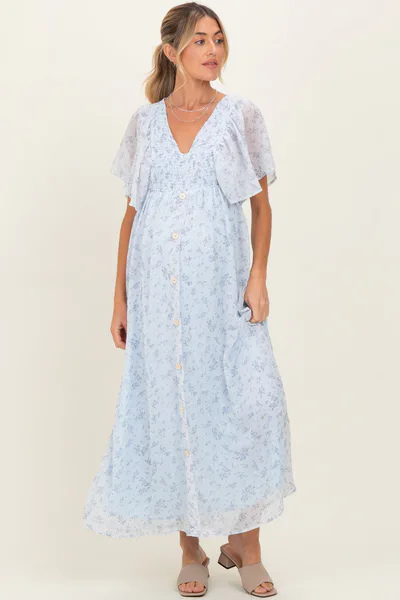 PinkBlush Blue Floral Chiffon Short Sleeve V-Neck Smocked Top Maternity Maxi Dress