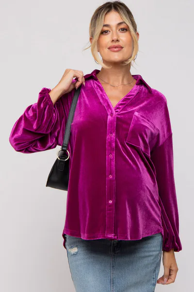 PinkBlush Magenta Velvet Button Front Collared Maternity Blouse