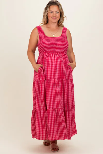 PinkBlush Fuchsia Plaid Tiered Maternity Plus Maxi Dress