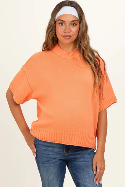PinkBlush Peach Oversized Mock Neck Short Sleeve Maternity Sweater