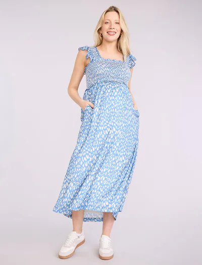 Motherhood Maternity Sleeveless Ruffle Shoulder Smocked Maxi Dress