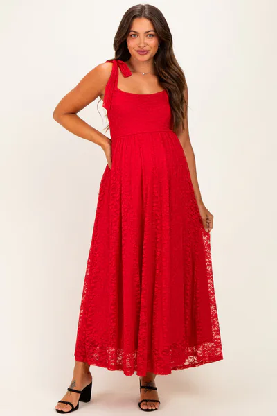 PinkBlush Red Sleeveless Lace Maternity Maxi Dress