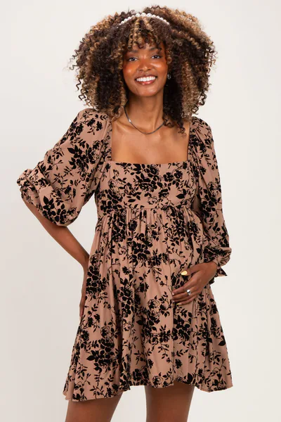 PinkBlush Taupe Floral Square Neck Maternity Dress